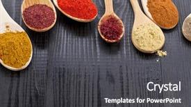  Presentation with cooking utensils - Beautiful presentation theme featuring cooking utensils - powder spices in wooden spoons backdrop and a dark gray colored foreground