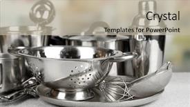  Presentation with cooking utensils - Slide set consisting of cooking utensils - stainless steel kitchenware on table background and a mint green colored foreground