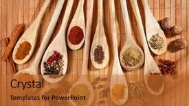  Presentation with bamboo - PPT theme featuring cooking utensils - variety of spices on wooden background and a red colored foreground