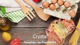  Presentation with cooking utensils - Colorful theme enhanced with cooking utensils and ingredients on wooden table top view with copy space backdrop and a coral colored foreground