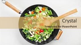 Presentation with leafy vegetables farm to table - PPT theme featuring cooking wok - vegetables in pan on white background and a yellow colored foreground