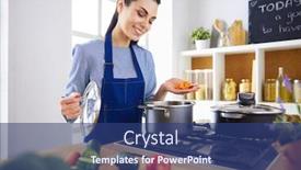  Presentation with spoon - PPT theme enhanced with cooking-woman-in-kitchen background and a ocean colored foreground