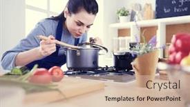  Presentation with spoon - Presentation enhanced with cooking-woman-in-kitchen background and a soft green colored foreground