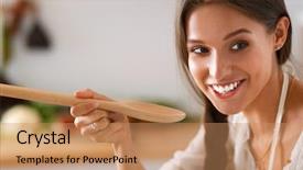  Presentation with spoon - Audience pleasing presentation design consisting of cooking woman in kitchen backdrop and a coral colored foreground
