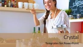  Presentation with spoon - Colorful slide deck enhanced with cooking woman in kitchen backdrop and a coral colored foreground