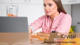  Presentation with recipe - Colorful PPT layouts enhanced with cooking woman looking at laptop while preparing food in kitchen beautiful young woman reading cooking recipe or watching show while making lunch backdrop and a yellow colored foreground