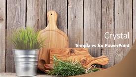  Presentation with cooking utensils - Beautiful presentation design featuring cooking wood utensils and herbs on shelf in front of wooden wall with copy space backdrop and a coral colored foreground