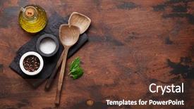  Presentation with cooking utensils - Colorful presentation theme enhanced with cooking wooden utensils condiments backdrop and a tawny brown colored foreground