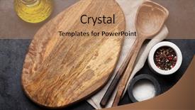  Presentation with cooking utensils - PPT theme enhanced with cooking wooden utensils cutting board background and a coral colored foreground