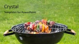  Presentation with cookout bbq grill and glowing - Slide set with cookout - meat and vegetable skewer background and a seafoam green colored foreground
