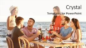  Presentation with beach party - Slides with cookout - young people having barbecue party background and a sky blue colored foreground