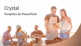  Presentation with beach party - Slide set consisting of cookout - young people having barbecue party background and a white colored foreground