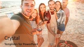  Presentation with selfie - PPT theme with cookout - young people taking selfie background and a coral colored foreground