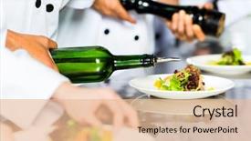  Presentation with hotel kitchen - PPT theme with hobby photographer with professional camera gear and belt shooting in front of brown sepia urban concrete wall full of glowing square illustrations concept background and a gray colored foreground