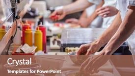  Presentation with meals - Amazing PPT theme having cooks preparing meals in restaurant backdrop and a violet colored foreground