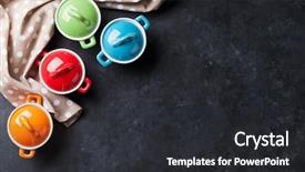  Presentation with stone - Presentation theme featuring cookware - colorful saucepans on stone table background and a dark gray colored foreground