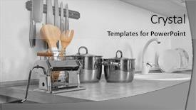  Presentation with kitchen utensils - Colorful presentation theme enhanced with cookware - different utensils in modern kitchen backdrop and a light gray colored foreground