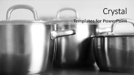  Presentation with grey - Slides having cookware - kitchenware concept stainless saucepans background and a light gray colored foreground