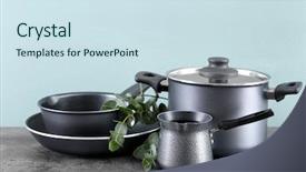  Presentation with cooking utensils - Slides consisting of cookware - metal cooking utensils on table background and a sky blue colored foreground