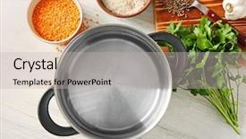 Presentation with flowers on white wooden - Theme enhanced with cookware - stainless saucepan and products background and a light gray colored foreground