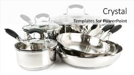  Presentation with stainless steel - Slides enhanced with cookware - stainless steel pots and pans background and a white colored foreground