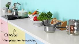  Presentation with kitchen - Colorful PPT theme enhanced with cookware on table in modern backdrop and a soft green colored foreground