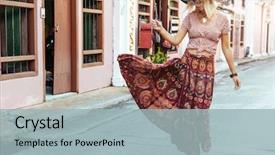  Presentation with maxi - Audience pleasing PPT theme consisting of cool - boho girl in maxi skirt backdrop and a light blue colored foreground