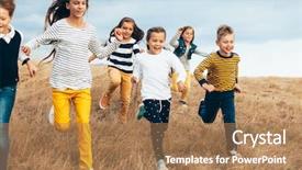  Presentation with children running - PPT theme having cool - group of fashion children wearing background and a coral colored foreground