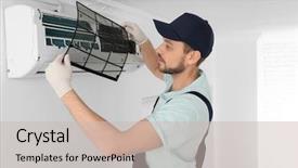  Presentation with conditioner - Audience pleasing PPT layouts consisting of cool - male technician cleaning air conditioner backdrop and a soft green colored foreground