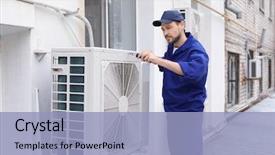  Presentation with conditioner - Cool new PPT theme with cool - male technician repairing air conditioner backdrop and a light blue colored foreground