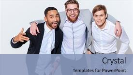  Presentation with three - Audience pleasing presentation theme consisting of cool - portrait of three happy handsome backdrop and a light blue colored foreground