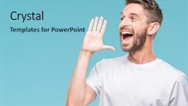  Presentation with communication - Amazing slide deck having cool - young handsome man over isolated backdrop and a light blue colored foreground