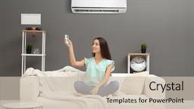  Presentation with conditioner - Slide set with cool - young woman switching on air background and a soft green colored foreground