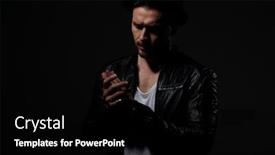  Presentation with hands down - Cool new PPT theme with cool biker wearing leather jacket and hat touching hands and looking down on grey background in studio backdrop and a black colored foreground