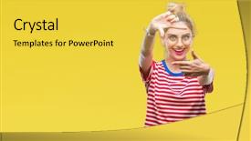  Presentation with creativity - Beautiful PPT theme featuring cool borders - young beautiful blonde woman wearing backdrop and a  colored foreground