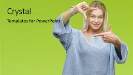  Presentation with winter - Slide deck enhanced with cool borders - young caucasian woman wearing winter background and a yellow colored foreground