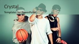  Presentation with audio recorder studio - PPT theme consisting of cool boy - group of trendy teenagers posing background and a seafoam green colored foreground