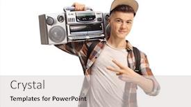  Presentation with radio - Cool new PPT theme with cool boy making a peace sign and carrying a boombox radio isolated on white background backdrop and a light gray colored foreground