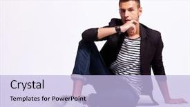  Presentation with makeup fashion model applying lipstick - Cool new theme with cool fashion male model sitting backdrop and a light blue colored foreground