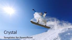  Presentation with ethnies jumping up in the air - Audience pleasing presentation design consisting of cool slide - snowboarder jumping through air backdrop and a light blue colored foreground
