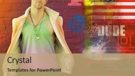  Presentation with stylized - Colorful presentation theme enhanced with cool stylized portrait of a hip young male model in hat and vest and retro clothing posing against red brick wall with abstract background theme backdrop and a coral colored foreground