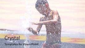  Presentation with street children - PPT theme featuring cool summer camp - children play with splashes background and a light blue colored foreground