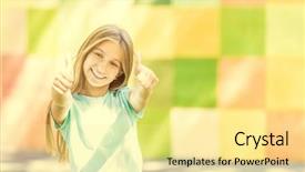  Presentation with teen girl tech - Amazing PPT theme having cool teen girl shows thumbs backdrop and a blonde colored foreground