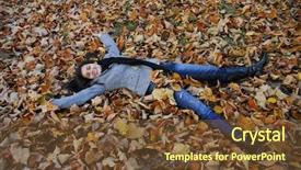  Presentation with fall leaves border autumn - Colorful theme enhanced with cool weather - happy woman lying on autumn backdrop and a  colored foreground