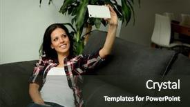  Presentation with mobile home - Colorful presentation design enhanced with cool woman at home taking backdrop and a  colored foreground