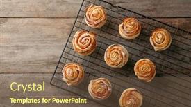  Presentation with puff pastry - Slides featuring cooling rack with apple roses from puff pastry on wooden background background and a tawny brown colored foreground