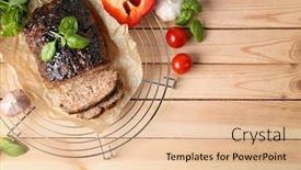  Presentation with turkey - Colorful theme enhanced with cooling rack with tasty baked turkey meatloaf on wooden table backdrop and a lemonade colored foreground