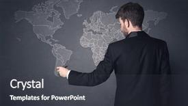  Presentation with world map - Cool new PPT layouts with cooperative communication systems - young businessman in black suit backdrop and a dark gray colored foreground