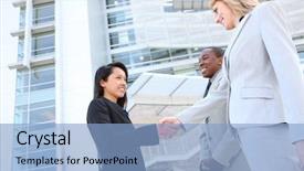  Presentation with team building - Slides featuring cooperative diversity - man and woman young background and a light blue colored foreground