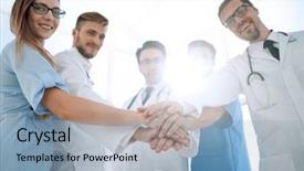  Presentation with nurse and patient holding hands - PPT theme featuring coordination - doctors and nurses coordinate hands background and a light blue colored foreground